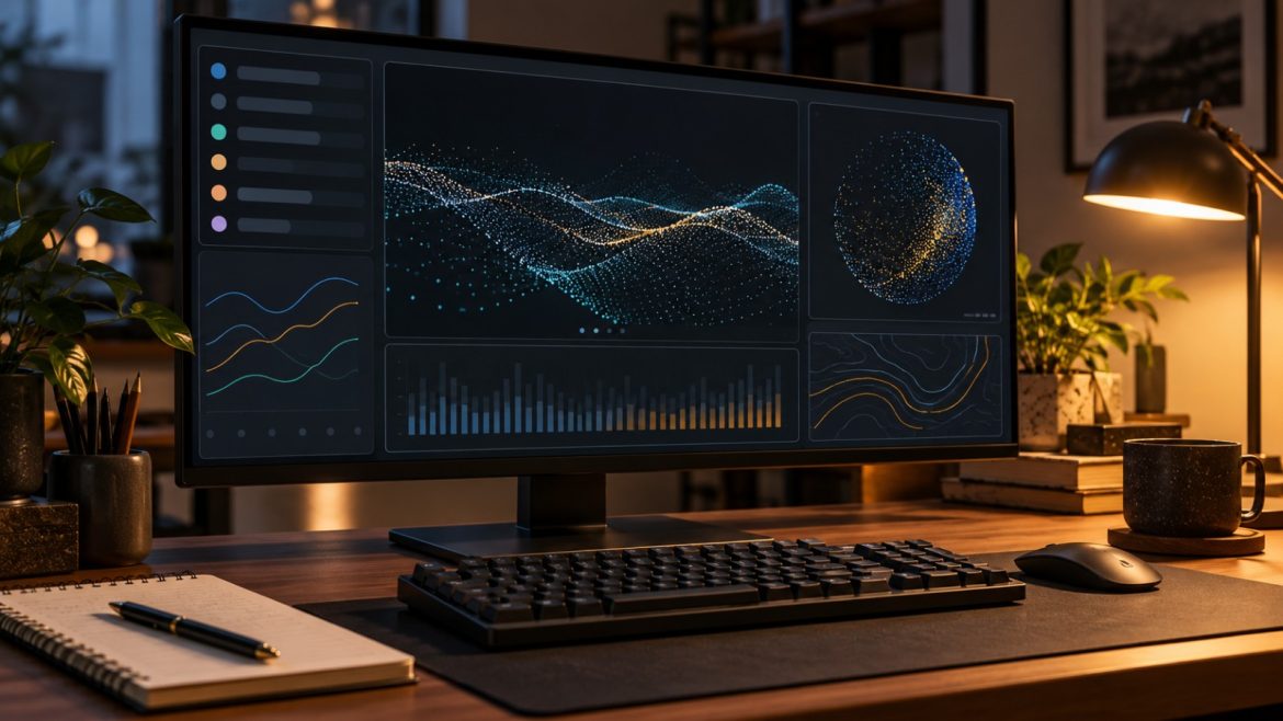 Datenterminal mit mehrteiliger Bildschirmansicht, mechanischer Tastatur und Notizblock im Licht einer Schreibtischlampe