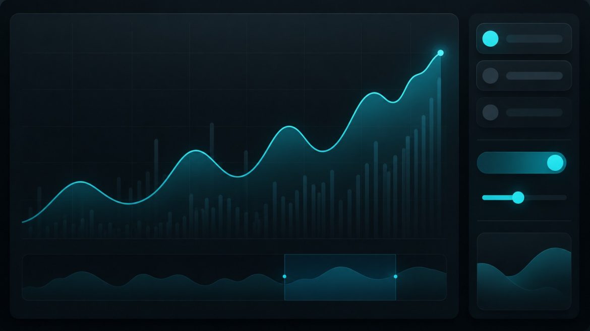 Dunkle, aufgeräumte Oberfläche mit großem Chart und schmaler Seitenleiste mit cyanfarbenem Akzent