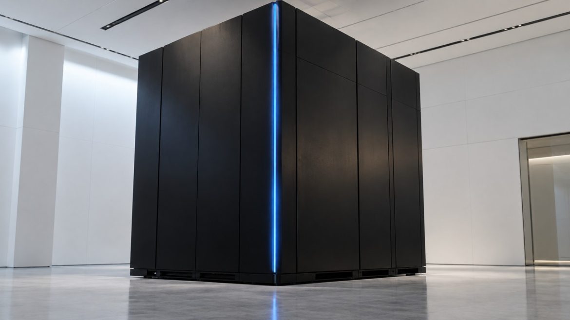 Hoher schwarzer Schrank eines Quantenrechners in einem minimalistischen weißen Raum