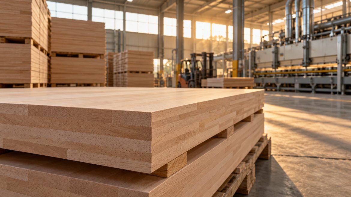 Gestapelte Platten aus Buchenholz-Werkstoff in einer Fabrikhalle, im Hintergrund Gabelstapler und Presslinie
