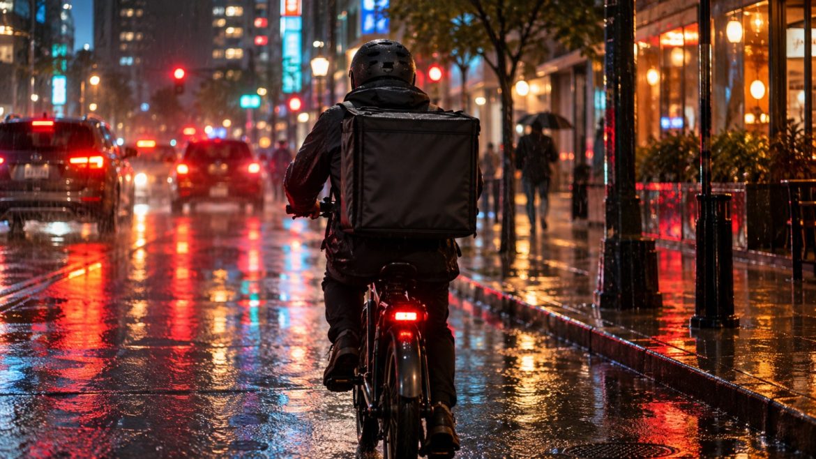Essenslieferant auf einem E-Bike in einer regnerischen Stadt bei Nacht, von hinten gesehen