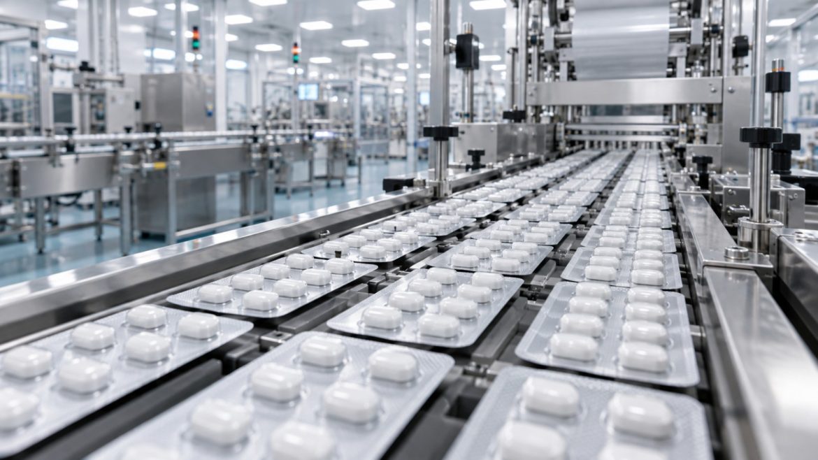 Reihen weißer Blisterpackungen auf einer Produktionslinie in einem Pharmawerk