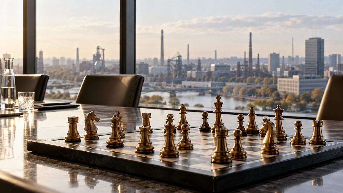 Schachbrett mit Messingfiguren auf einem Konferenztisch, dahinter Industriepanorama