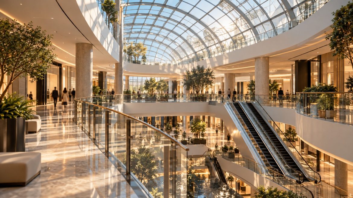 Helles Atrium eines Einkaufszentrums mit Glasdach und Rolltreppen