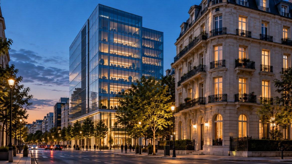 Moderner Büroturm neben einem klassischen Steinbau in einer deutschen Stadt zur blauen Stunde
