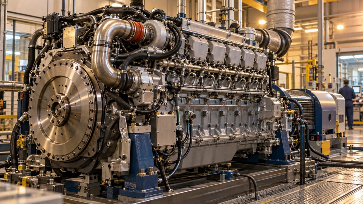 Großer Dieselmotor auf einem Prüfstand in einer Werkshalle