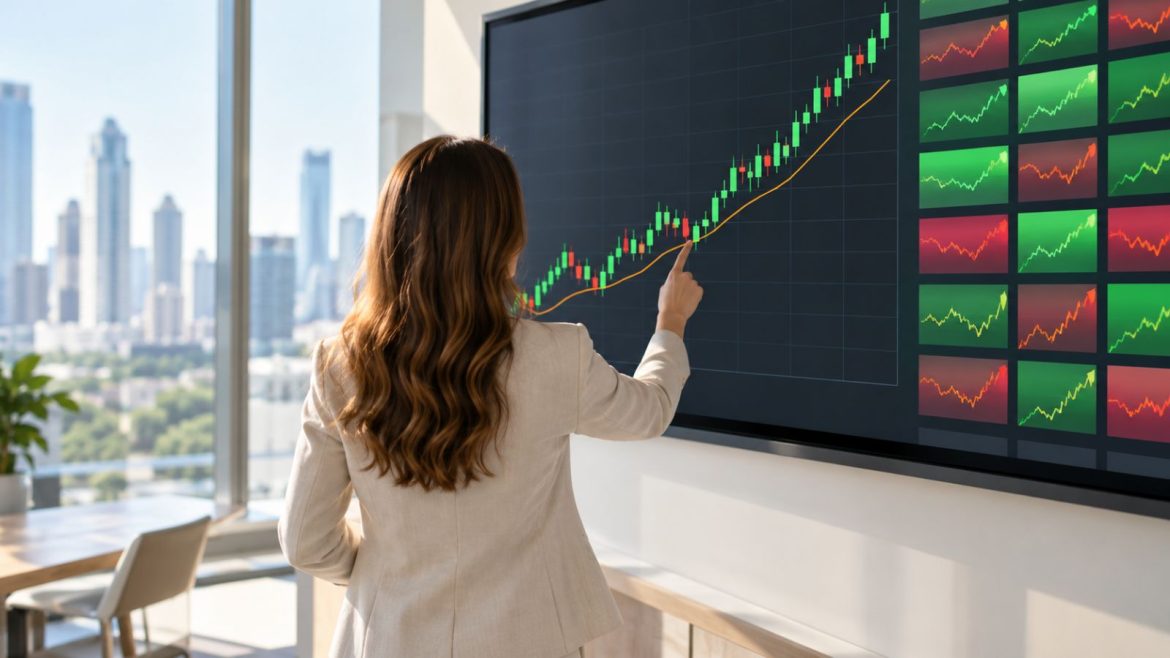Analystin von hinten zeigt auf einem großen Bildschirm auf die gleitende Durchschnittslinie in einem steigenden Kurschart