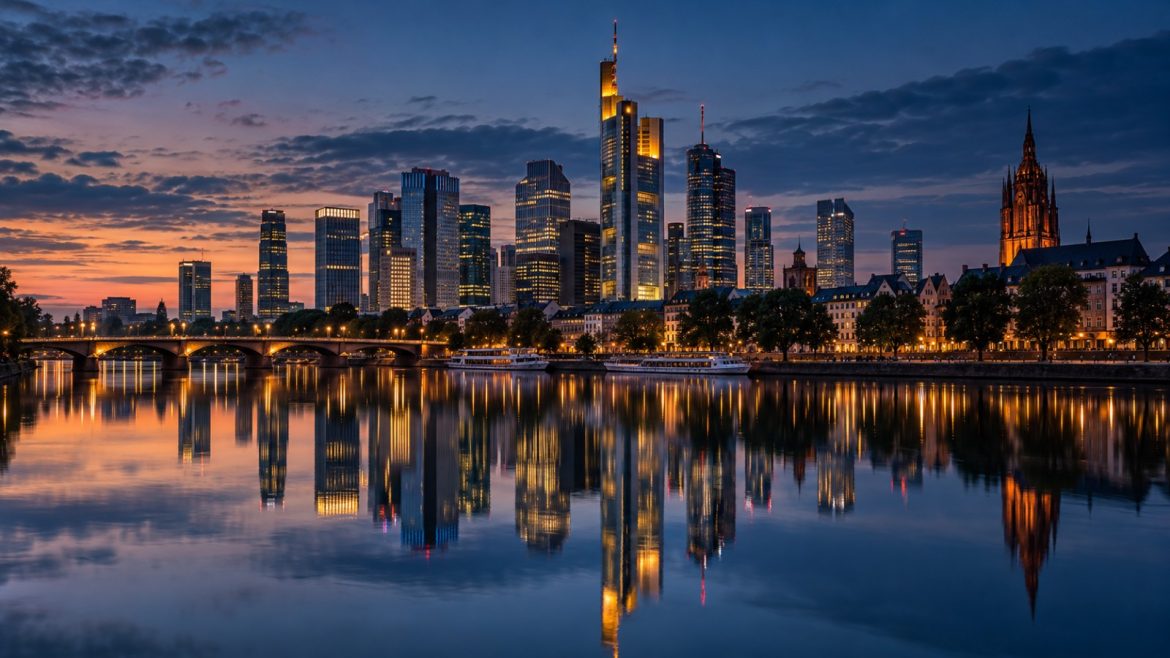 Frankfurter Skyline spiegelt sich zur blauen Stunde im Main