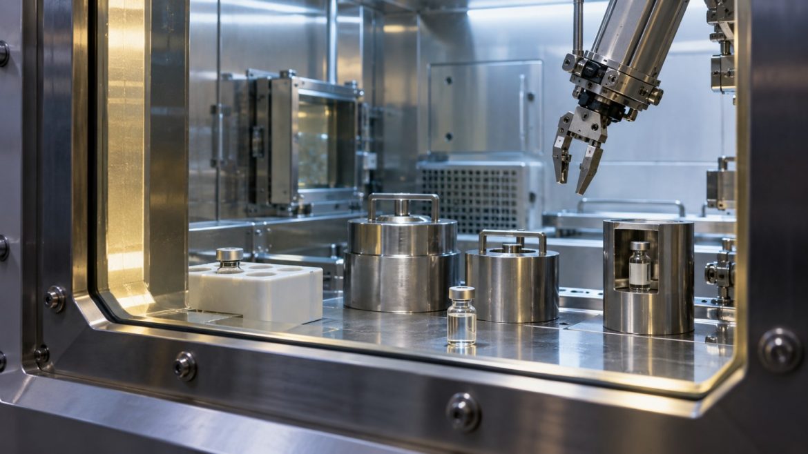 Abgeschirmte Behälter und ein Isotopenfläschchen in einem Labor hinter Bleiglas