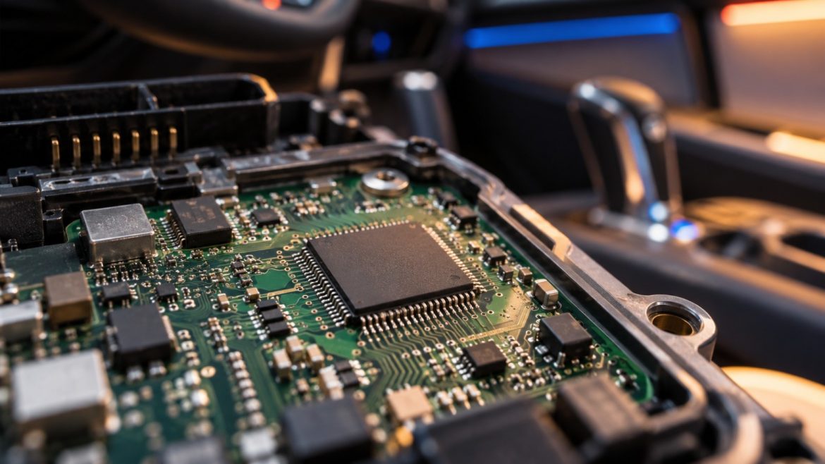 Kleiner Automobil-Mikrochip auf einer Platine mit Ambientelicht