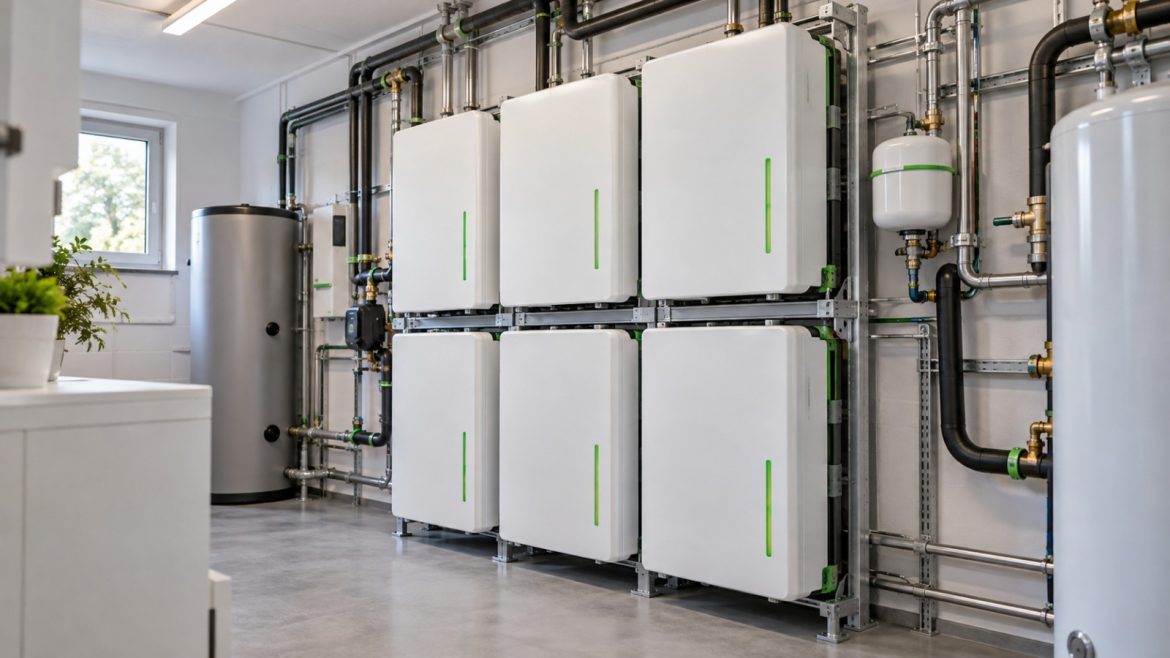 Kompakte stapelbare Elektrolyseure in einem Regal in einem Technikraum