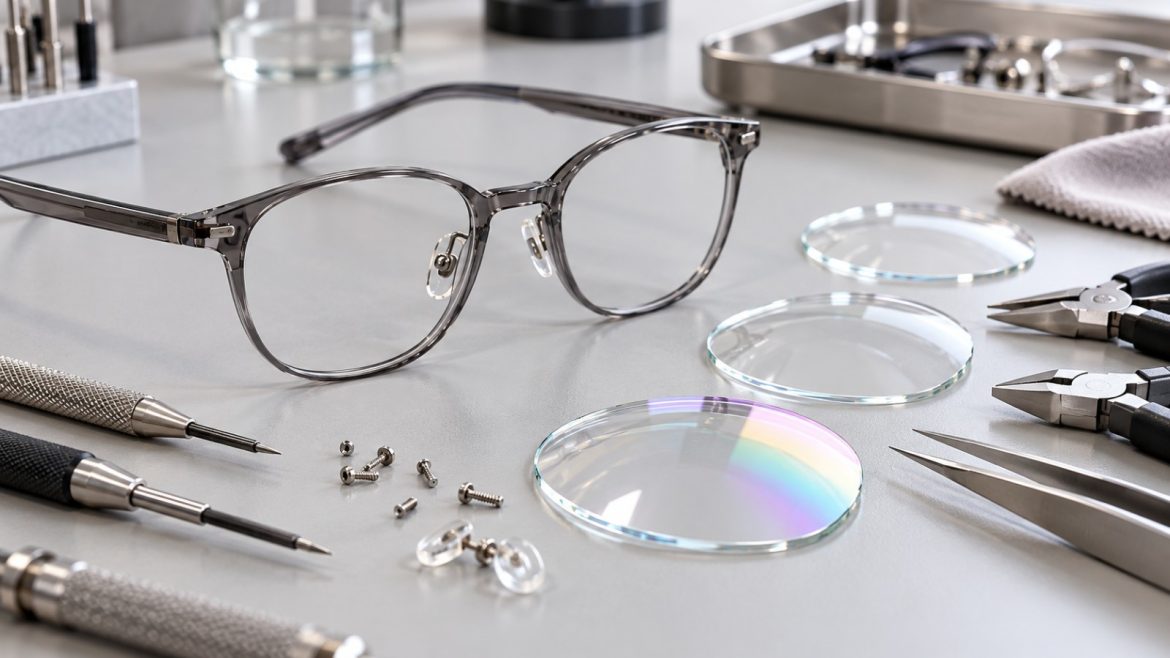 Brillengestell, Brillengläser und Feinwerkzeug auf einer Optikerwerkbank