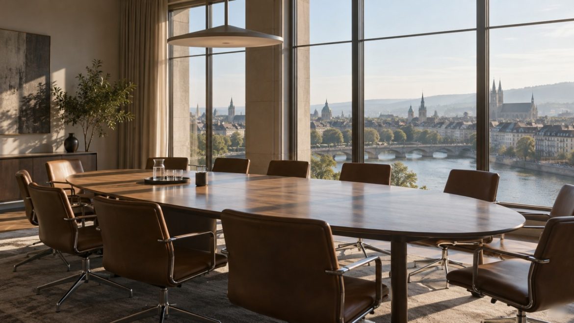 Sitzungssaal mit langem ovalem Tisch und leeren Stühlen, Morgenlicht fällt durch hohe Fenster auf eine europäische Großstadt am Fluss