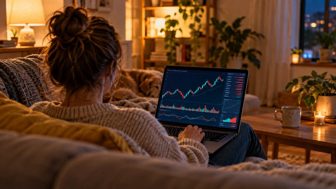 Person auf dem Sofa handelt abends am Laptop mit abstrakten Charts