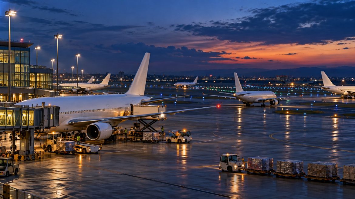 Flughafenvorfeld in der Abenddämmerung mit Flugzeugheckflossen ohne Bemalung