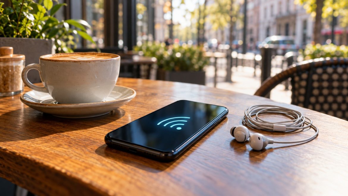 Smartphone mit Signalsymbol neben Kaffee und Headset auf einem Cafétisch