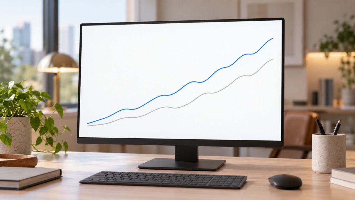 Monitor mit zwei abstrakten ansteigenden Kurvenlinien auf einem aufgeräumten Schreibtisch