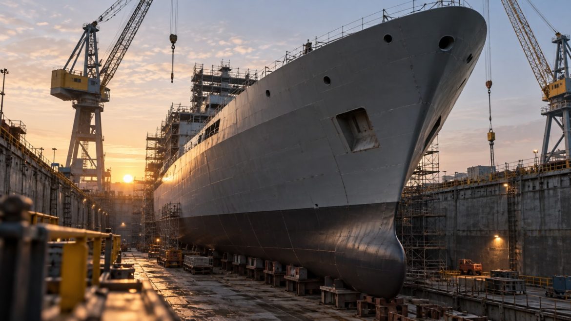 Bugsektion eines Marineschiffs im Bau in einem Trockendock bei Morgendämmerung