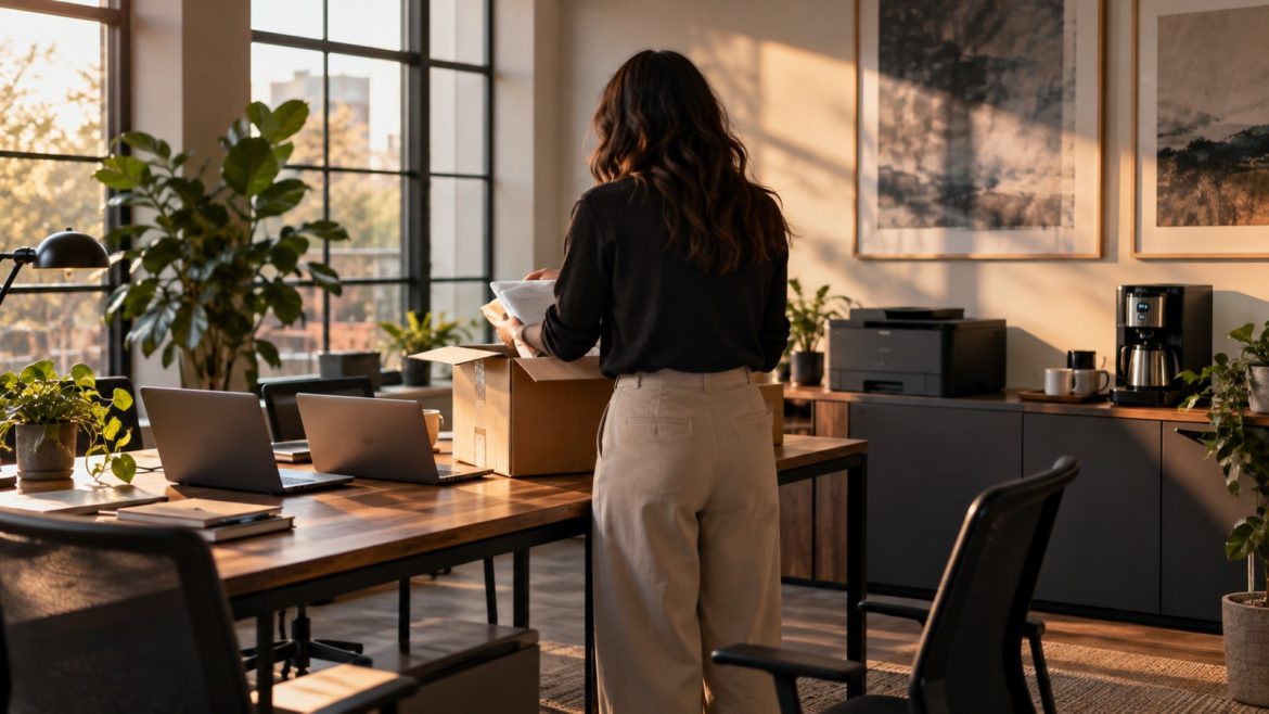 Kleines Büro mit neuen Laptops und Drucker, eine Person packt einen Karton aus