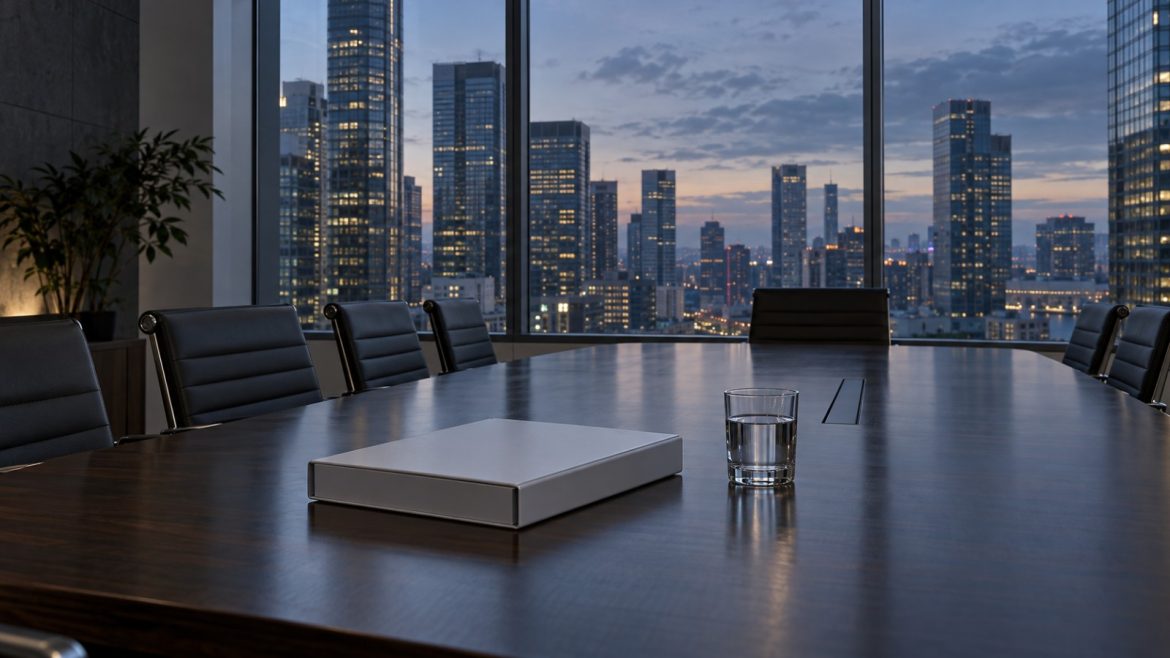 Leerer Konferenzraum im Hochhaus mit Blick auf eine Finanzmeile am frühen Abend, auf dem Tisch ein Aktenordner und ein Glas Wasser