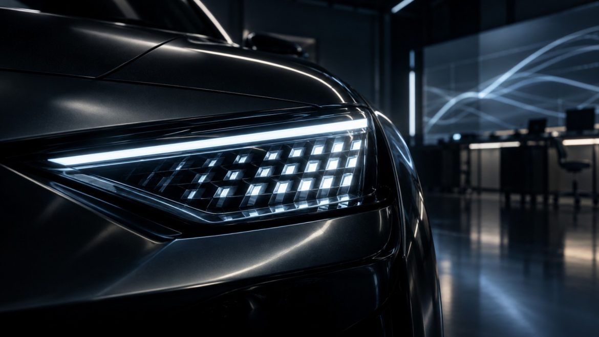 Leuchtender LED-Matrixscheinwerfer in einem dunklen Designlabor