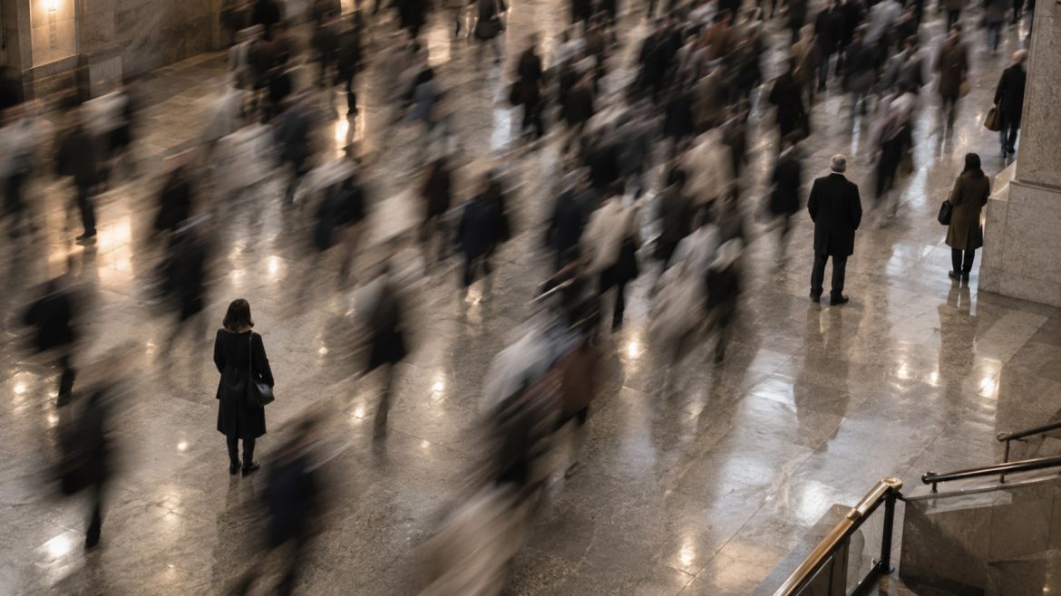 Pendlerstrom in einer Bahnhofshalle, die Masse in Bewegung, einzelne Personen stehen still