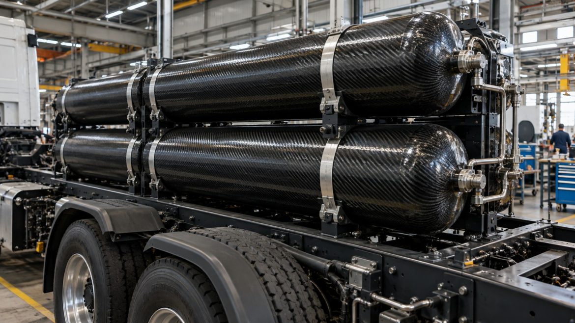 Große Wasserstoff-Drucktanks aus Carbonfaser auf einem Lkw-Fahrgestell