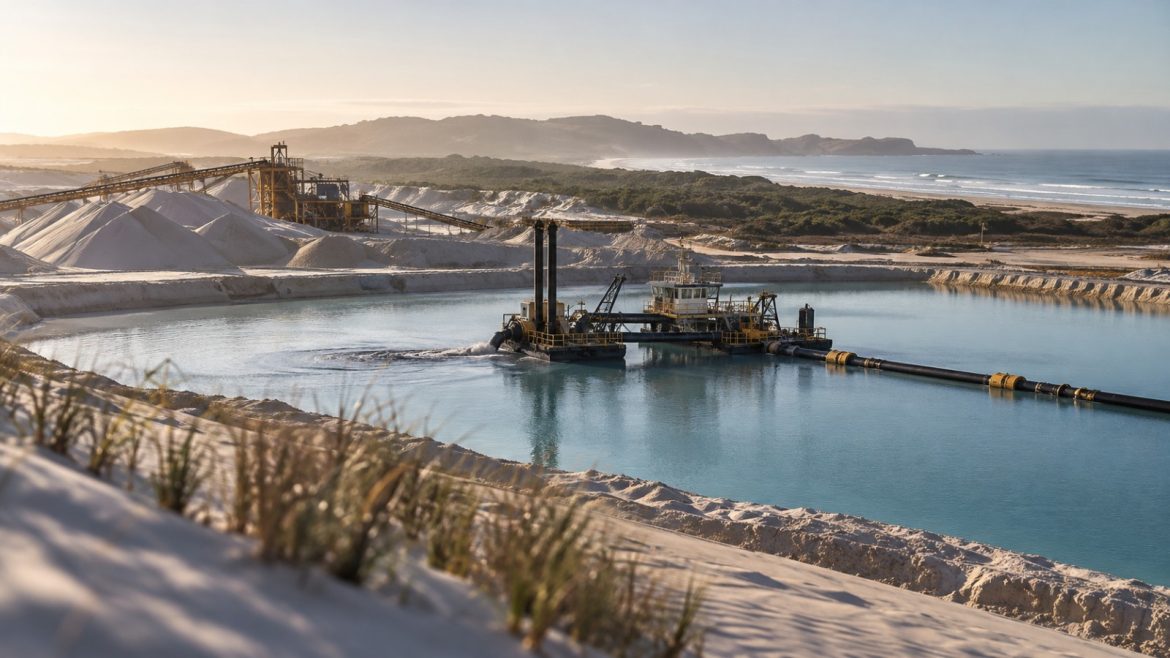 Mineralsand-Abbau an der australischen Küste mit Baggerteich und Sanddünen