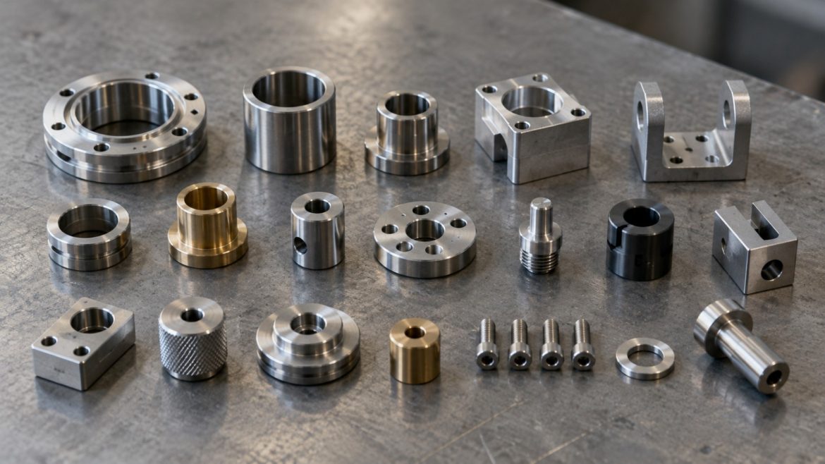 Verschiedene gefräste Metallbauteile in einem Raster auf einem grauen Werkstatttisch