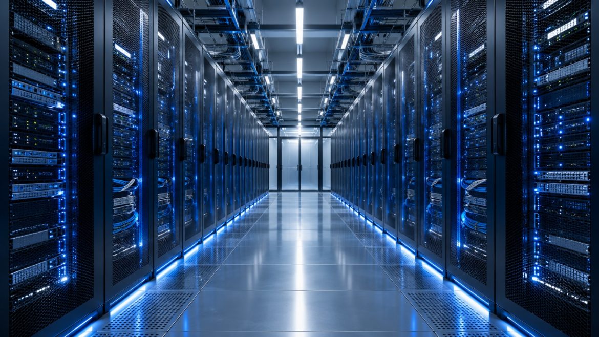 Gang mit Serverschränken und blauen LEDs in einem Rechenzentrum