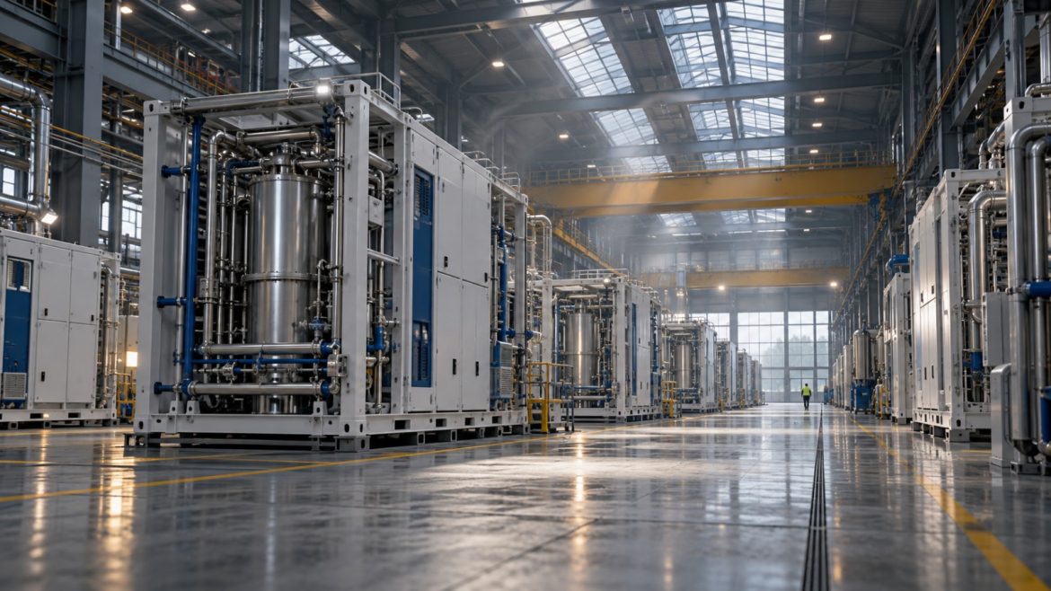 PEM-Elektrolysemodule in einer britischen Fabrikhalle