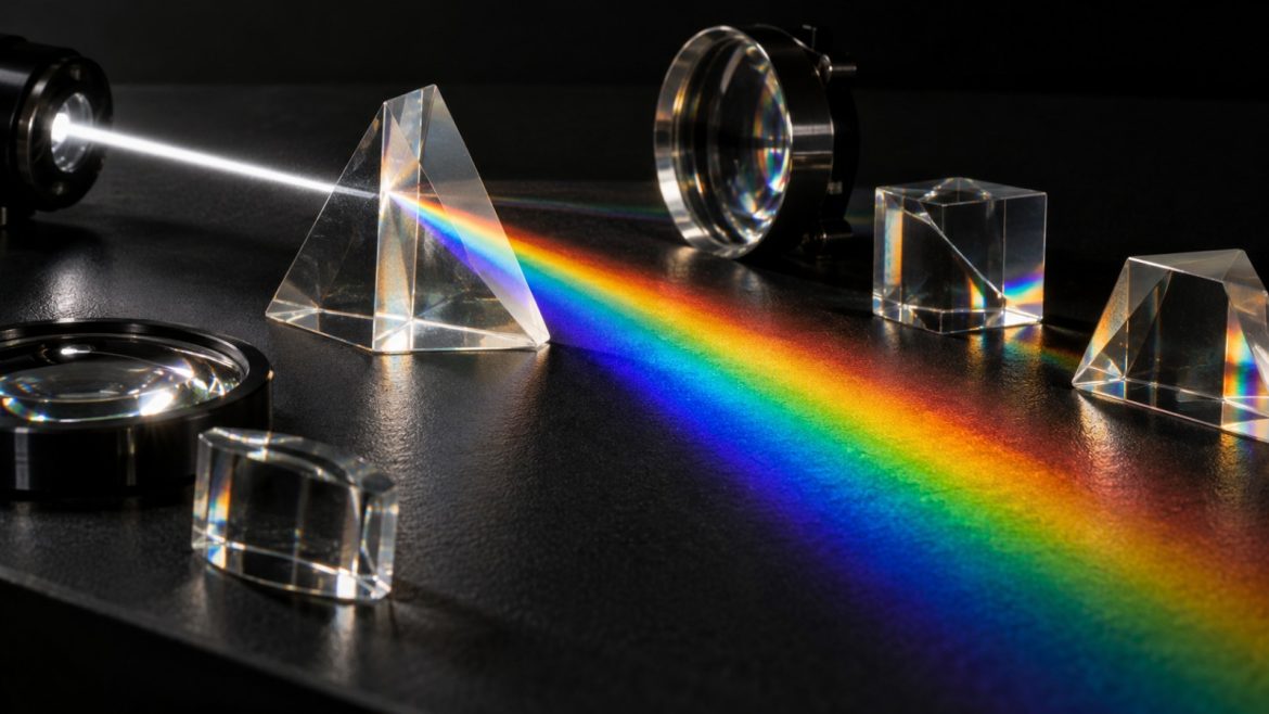 Präzisionslinsen und Prismen zerlegen einen Lichtstrahl in Farben