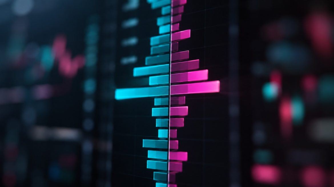 Bildschirm mit einer senkrechten Leiter aus Zellen und wachsenden Balken in Cyan und Magenta