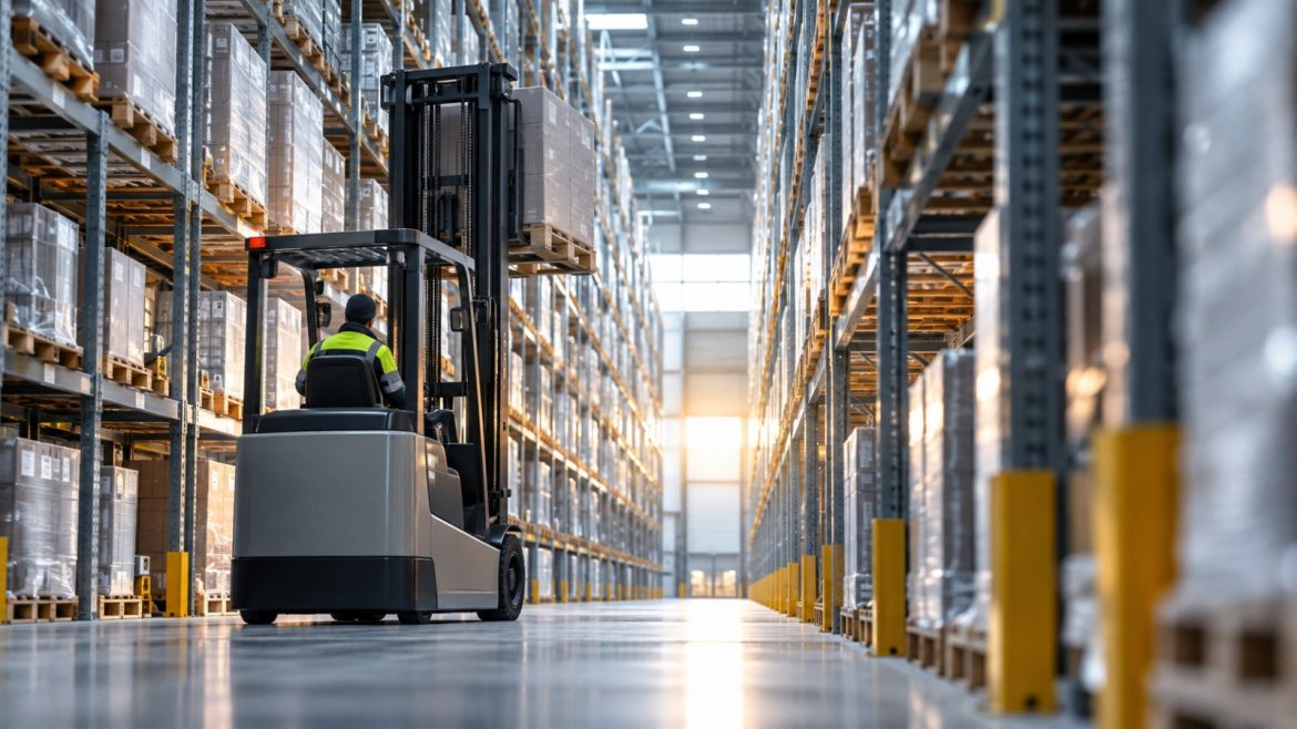 Elektro-Gabelstapler in einem hohen automatisierten Regalgang eines Lagers