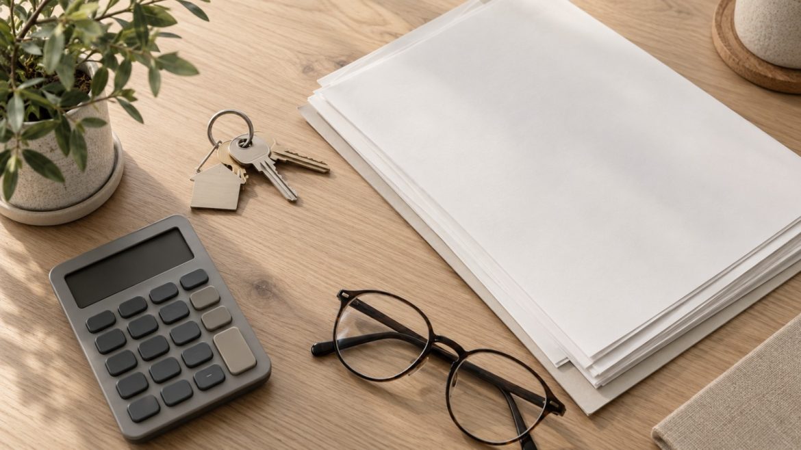 Hausschlüssel, Taschenrechner, Unterlagen und Lesebrille auf einem hellen Holztisch