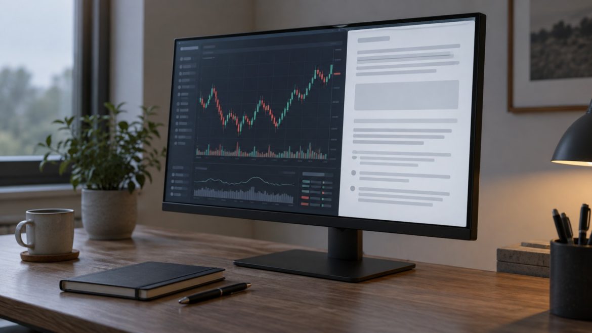 Monitor mit Kurschart und daneben entstehender Textzusammenfassung