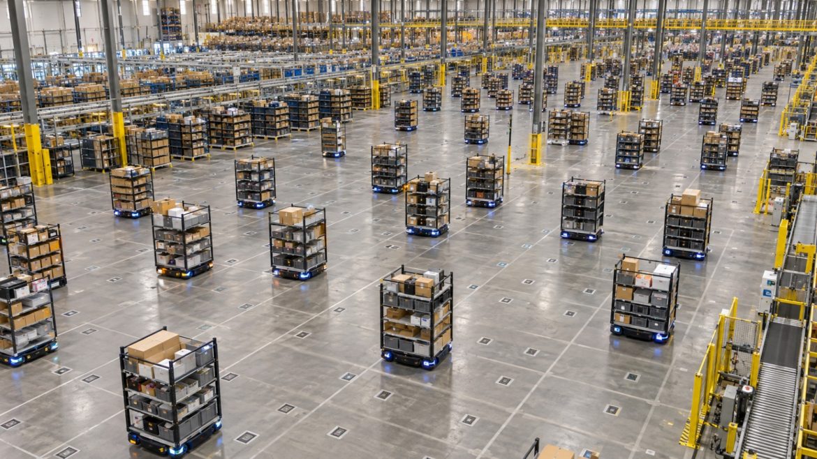 Luftansicht eines automatisierten Lagers mit autonomen Transportrobotern