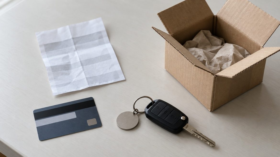 Bankkarte, Lieferbeleg, Autoschlüssel und offenes Paket auf einem hellen Tisch