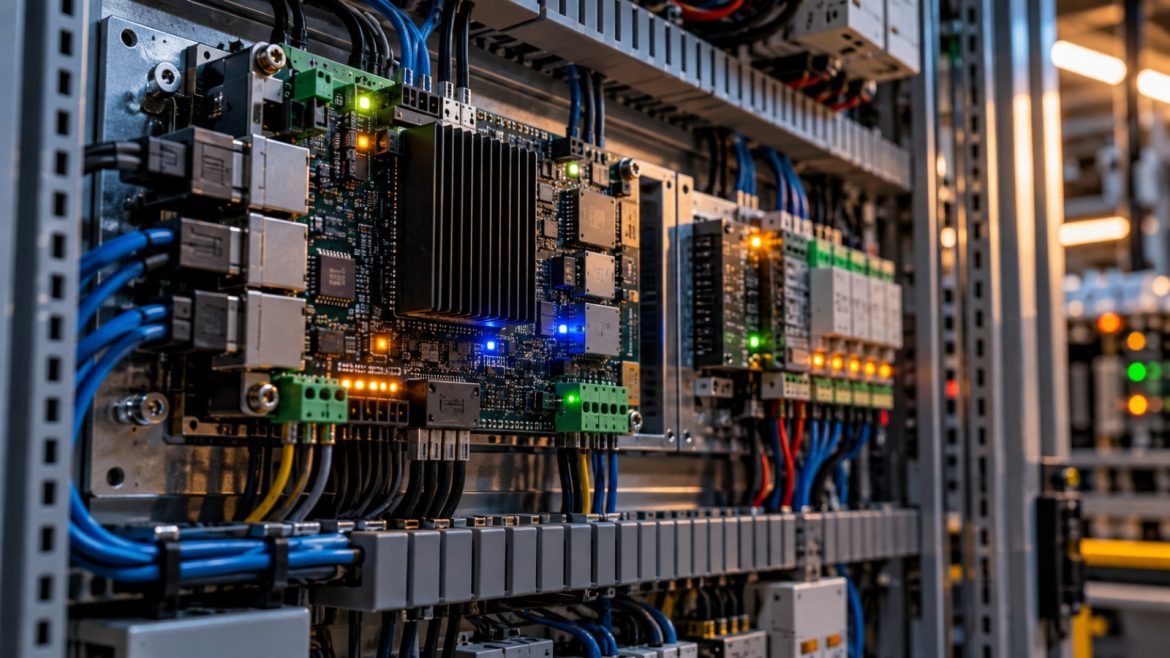 Robuste Embedded-Computerplatinen in einem Schaltschrank mit blinkenden LEDs