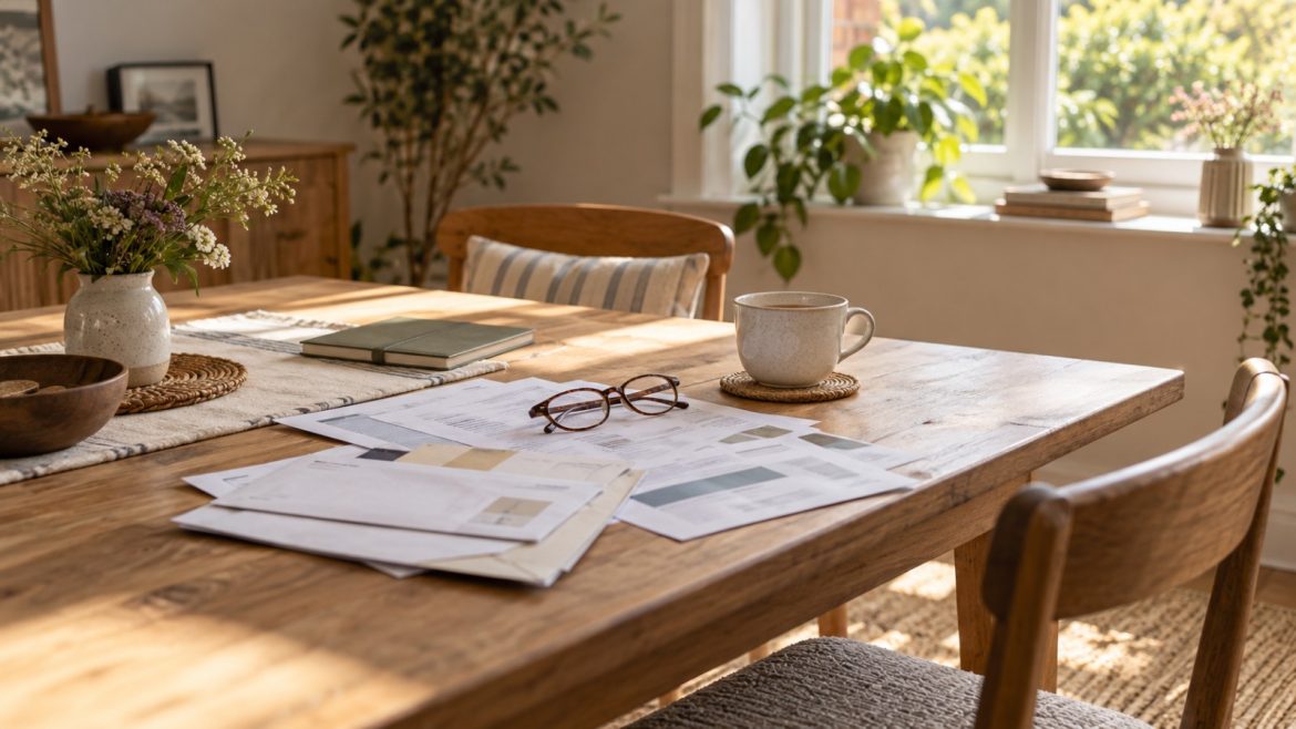 Esstisch am Fenster mit Briefen, Kontoauszug, Lesebrille und einer Tasse Tee