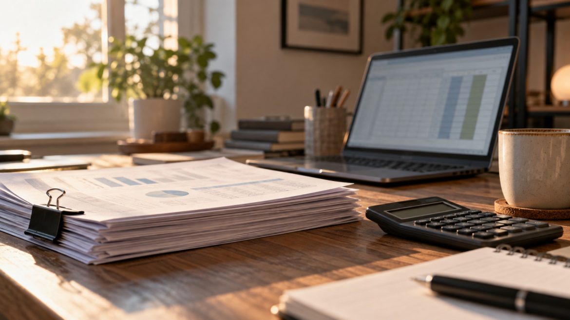 Unterlagen mit Klammer, Taschenrechner und Laptop mit Tabelle im Homeoffice