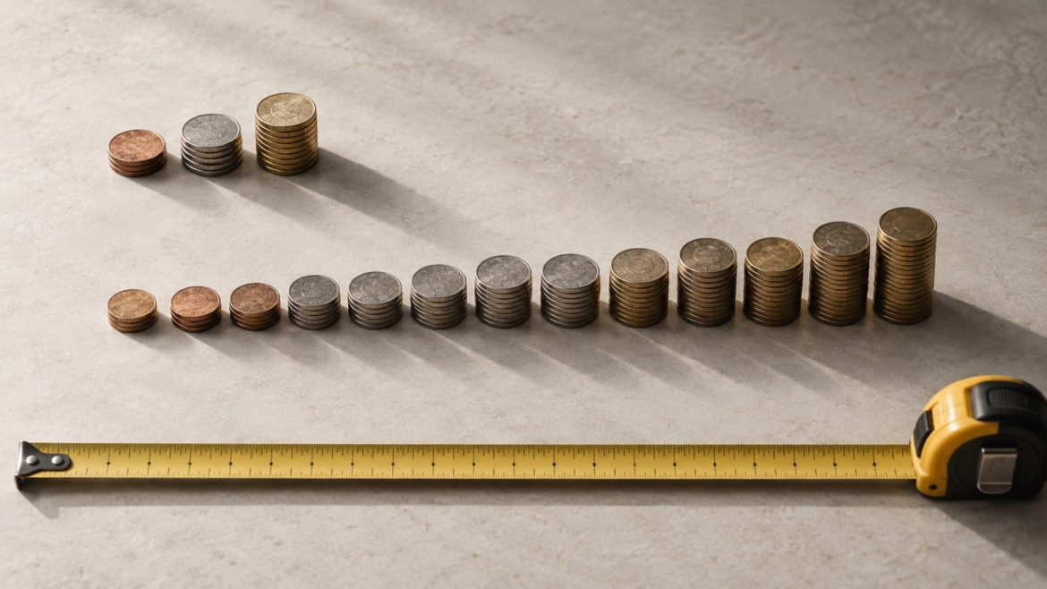 Zwei Reihen Münzstapel, kurz und lang, über einem ausgezogenen Maßband