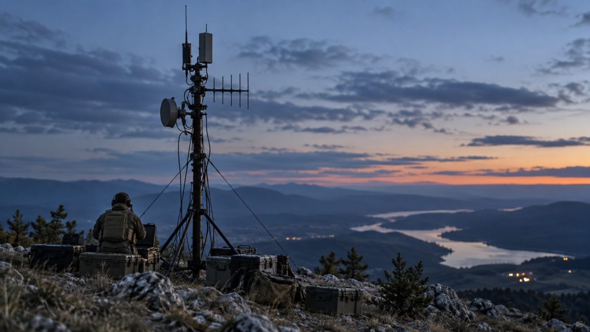 Antennenmast für Funkkommunikation auf einem Hügel in der Abenddämmerung