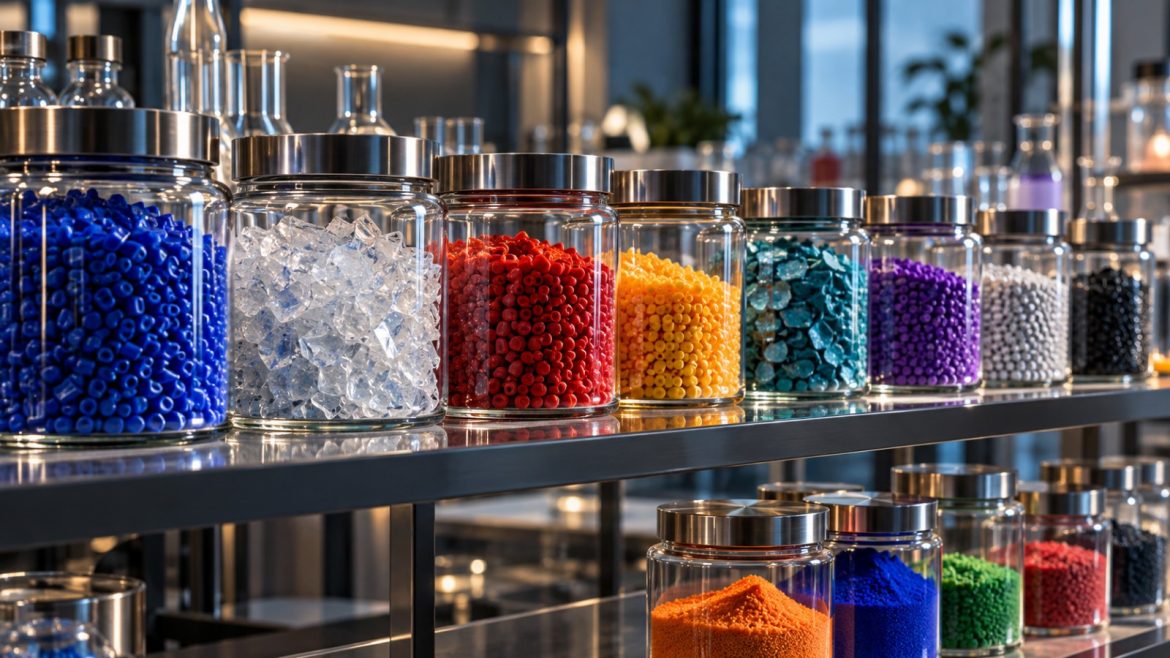 Bunte Kunststoffgranulate und Pigmente in Gläsern auf einem Laborregal
