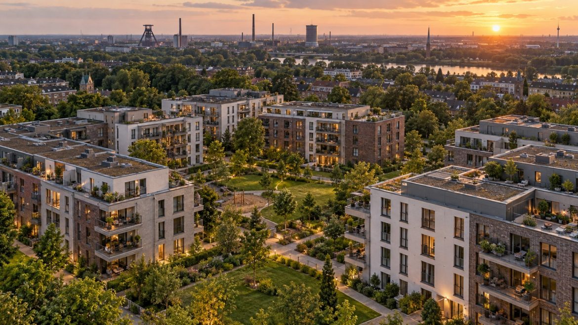 Luftaufnahme einer großen Wohnsiedlung im Ruhrgebiet mit grünen Innenhöfen