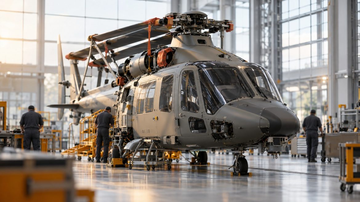 Hubschrauber in einer hellen Endmontagehalle mit eingeklappten Rotorblättern