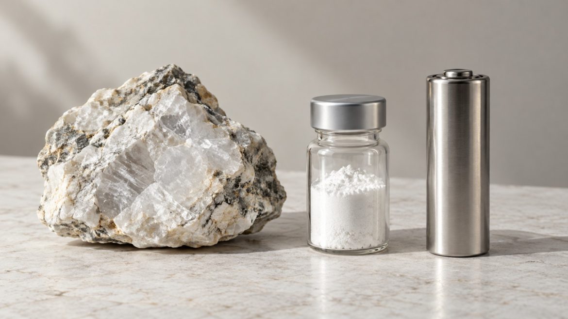 Lithiummineral, Lithiumcarbonat-Pulver und Batteriezelle nebeneinander auf hellem Stein