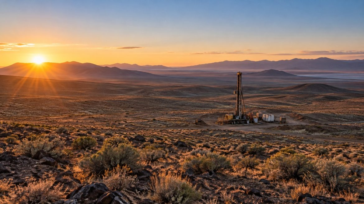 Weite Wüstenlandschaft in Nevada bei Sonnenaufgang mit einer einzelnen Bohranlage