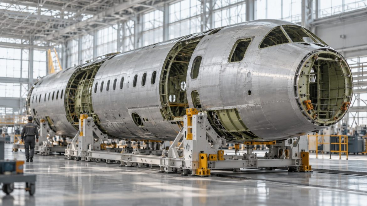 Rumpfsegment eines Militärflugzeugs auf Montagevorrichtungen in einer großen hellen Werkshalle