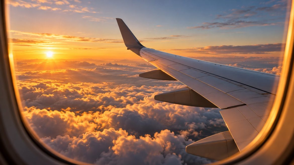 Flugzeugflügel über den Wolken bei Sonnenaufgang durch das Kabinenfenster